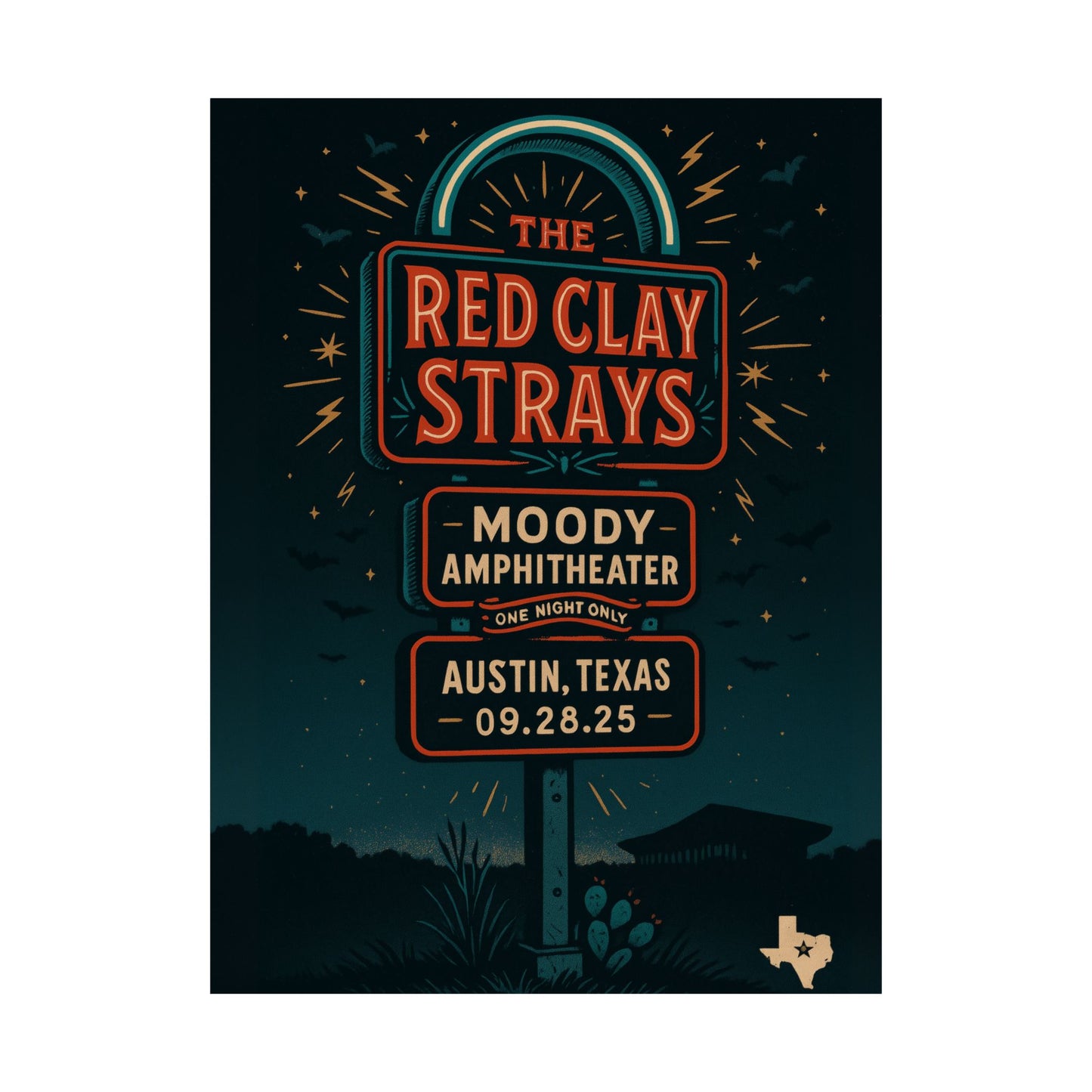 The Red Clay Strays Austin TX Concert Print | September 28, 2025 | Moody Amphitheater | Variant 2